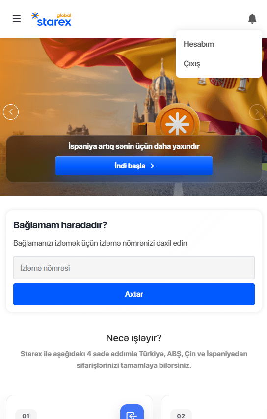 Starex mobil profildə Hesabım seçimi