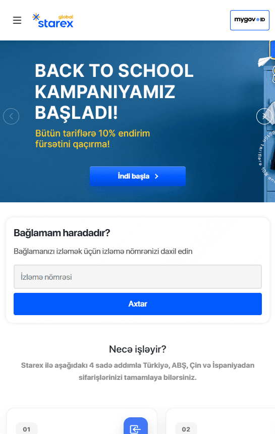 Starex mobil ana səhifəsində yuxarı sağdakı mygov ID düyməsi