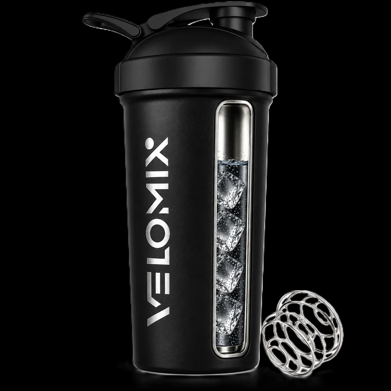 VELOMIX 24oz Stainless Steel Shaker Bottle with Wire Whisk, Black